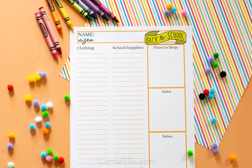 Back to School Shopping List