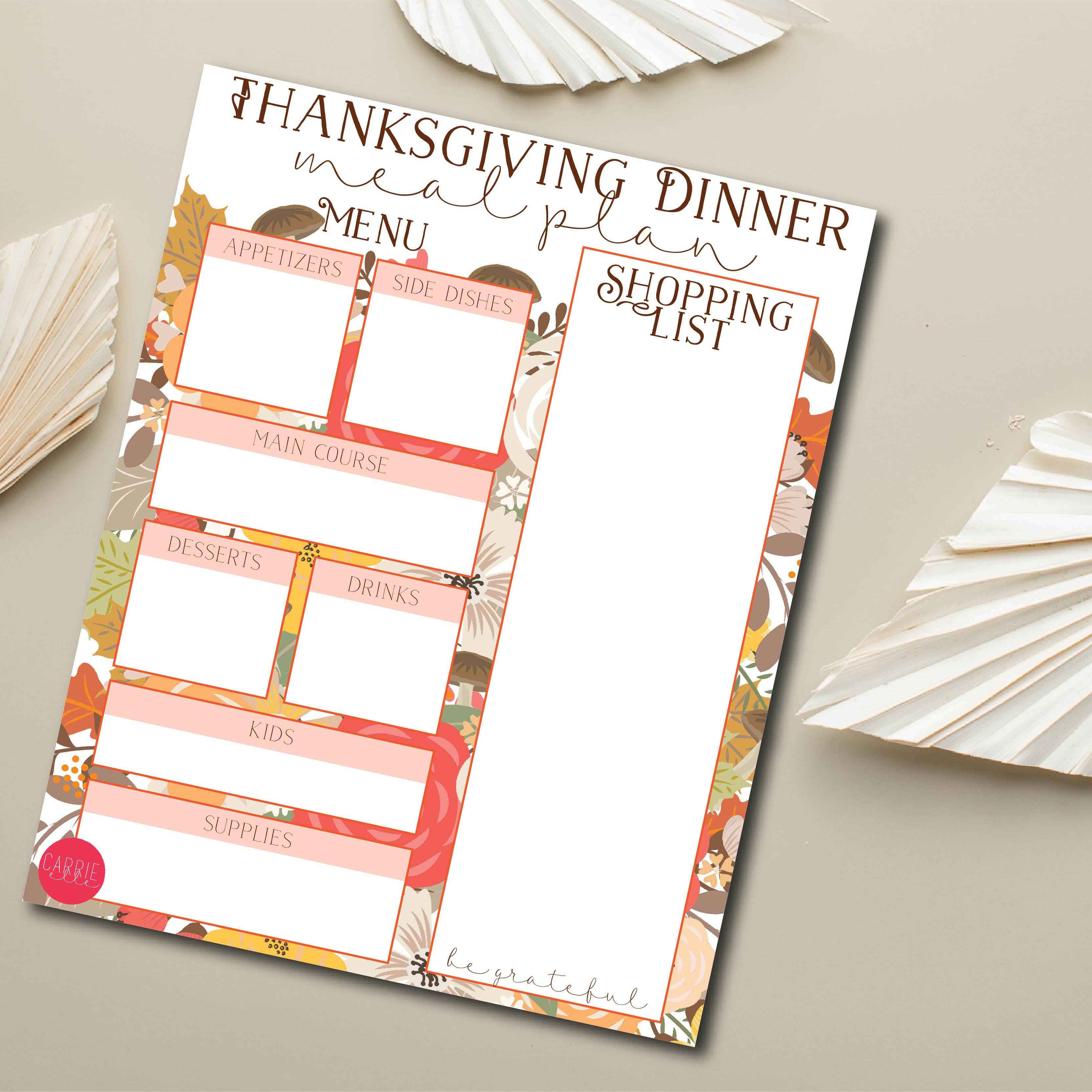 Fall Floral Thanksgiving Meal Planner